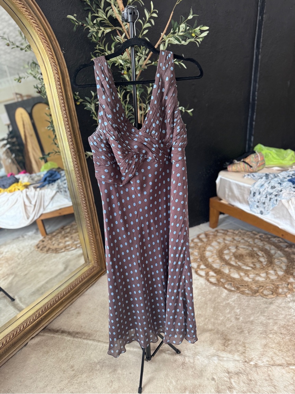 Adrianna Papell Brown Midi Dress with Light Blue Polka Dots